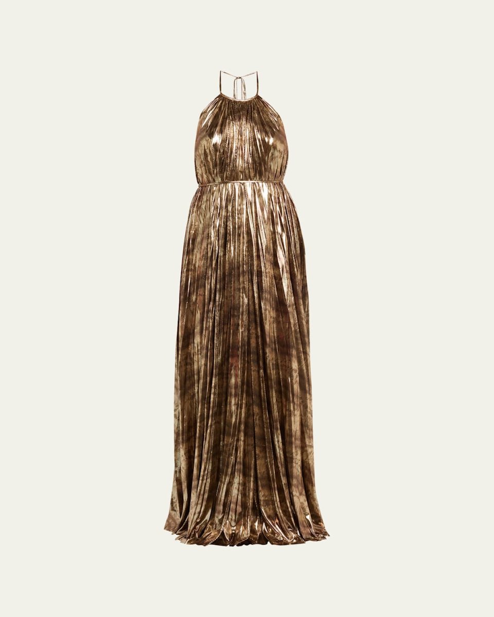 Maxine Pleated Metallic Jersey Halter Gown